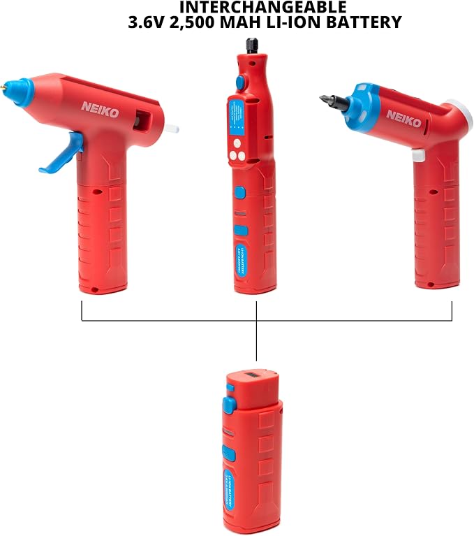 NEIKO 10583A Cordless Tool Set 3.6V Electric Rotary Tool, 46pc Accessory Kit, 20W Hot Glue Gun, 20 Glue Sticks, 34pc Cordless Electric Screwdriver Set, USB Charging Cord & Quick Change Features