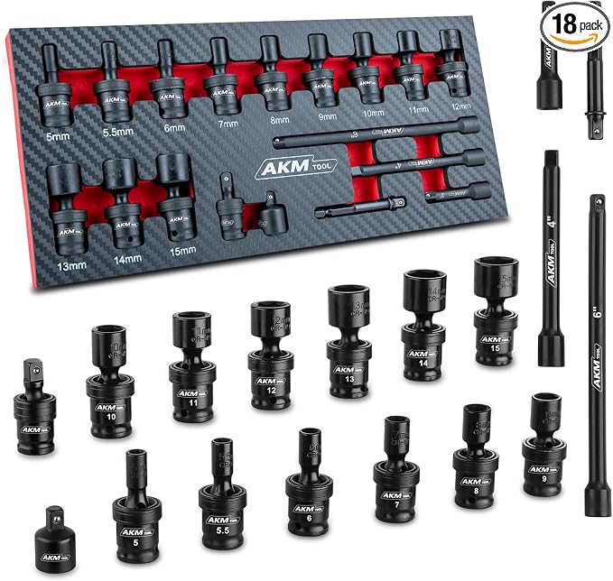 1/4" Drive Universal Impact Socket Set, 18 Piece Swivel Socket Set, Universal Joint Wobble Socket 6-Point, Metric, 5-15mm, Cr-Mo, with Extension Bars, Socket Adapter, Drill Bit Adapter