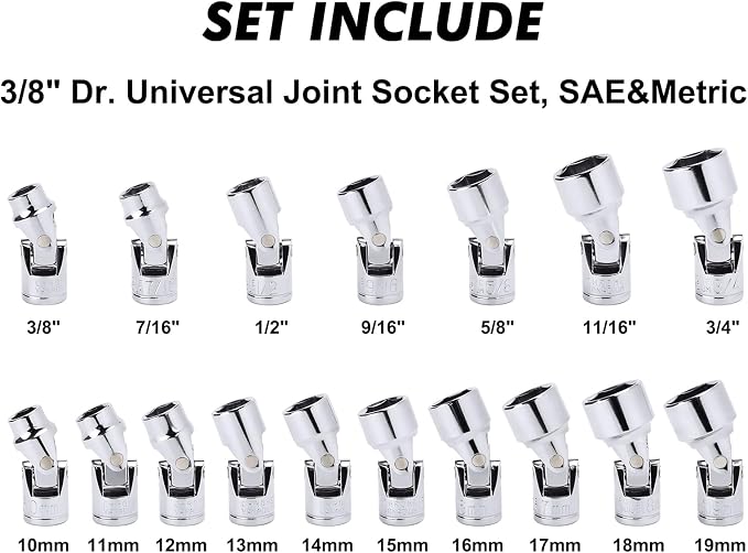 CASOMAN 17PCS 3/8" Drive Universal Flex Socket Set, SAE&Metric, 3/8" to 3/4", 10mm to 19mm, 6-Point, CR-V, Swivel Head, 360 Degree Access