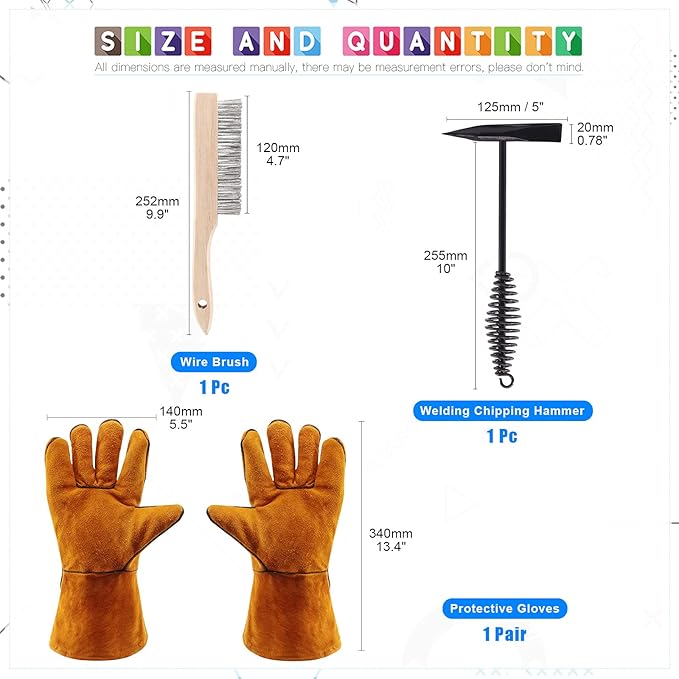 Glarks 4Pcs 10'' Chipping Hammer With Coil Spring Handle and Wire Brush, Pair of Welding Gloves for Removing Slag and Residue