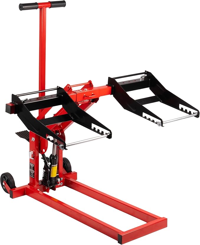 300lb Capacity, Adjustable Riding Lift Jack Heavy Duty Construction with Safety Lock, Non-Slip Wheels&Handle for Tractors, Atvs and Zero Turn Lawn Mowers