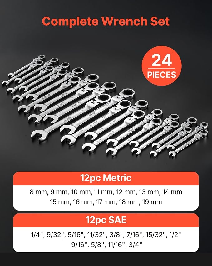 VEVOR 24-piece Ratcheting Wrench Set with 180° Flex Head, Anti-Slip Tooth, Combination Wrench Sets with Organizer Box, Metric 8-19mm & SAE 1/4-3/4", Polished