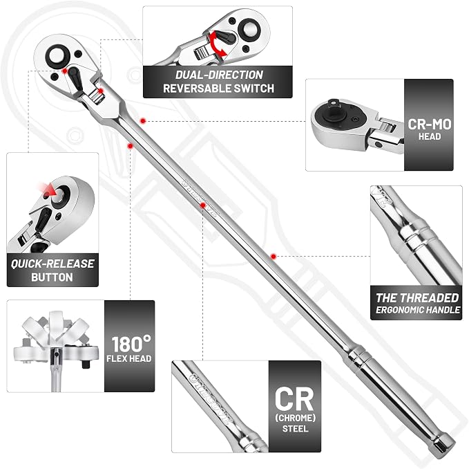1/4-Inch Drive Ratchet Flex Head Ratchet 12"/305mm | 1/4 Long Handle, 72 Tooth Quick Release Swivel Head Ratchet Cr-Mo Head Socket Wrench Flexible Ratchet Handle -
