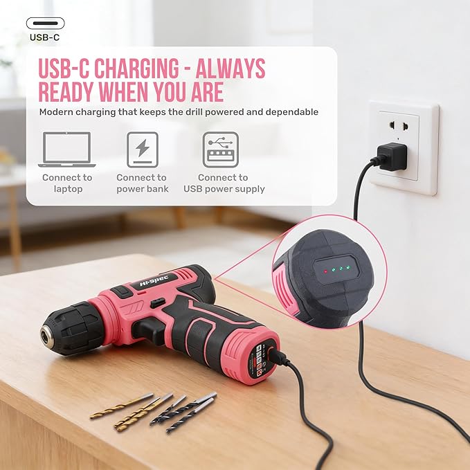 Hi-Spec Cordless Drill Set, 8V USB Pink Power Drill Driver & Screw Bit Set for Women. Ladies Cordless & Rechargeable Electric Drill Driver with Wall Hanging Kit