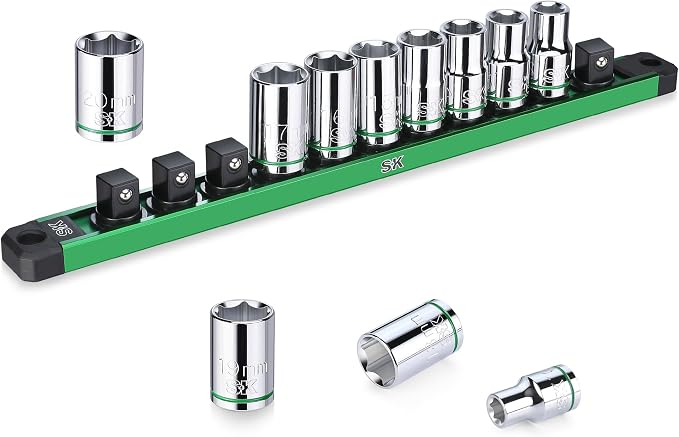 SK 1/2" Drive Socket Set, Metric Sockets, 11-Piece 10-20mm | SuperKrome Finish, Premium CR-V Steel, with Aluminum Socket Organizer