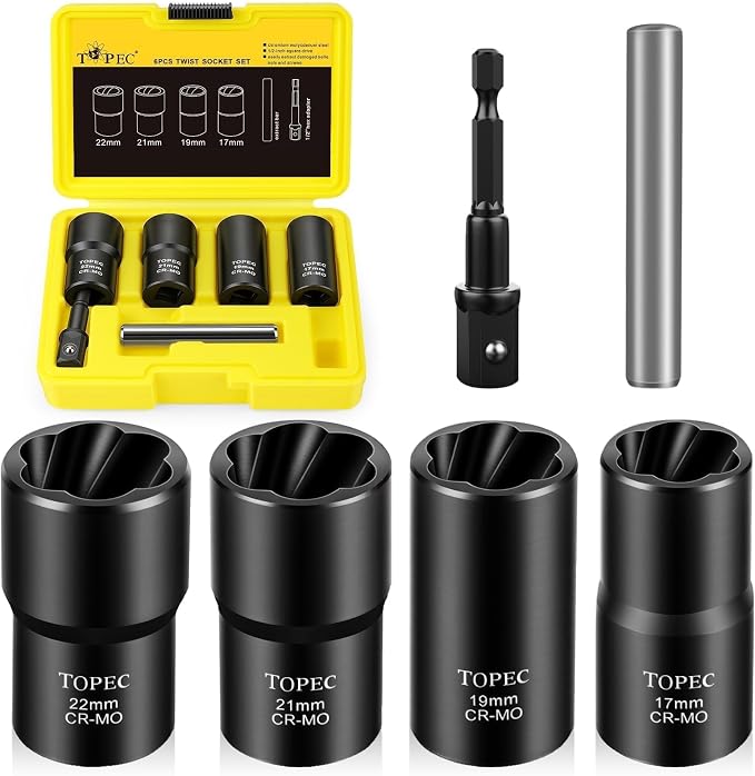 Topec 6PCS Wheel Lock Removal Kit, 1/2-Inch Drive Lug Nut Removal Tool, 17,19,21,22mm Stripped Lug Nut Remover, Extractor Socket Set for Broken, Damaged, Rounded Bolts