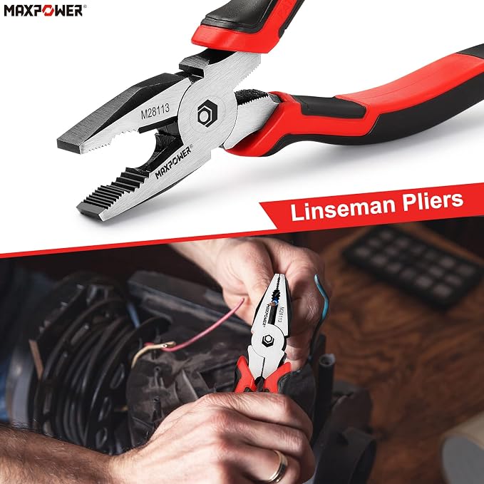 MAXPOWER 4-Piece Pliers Set: 8" Lineman, Diagonal Cutters, Needle Nose, 10" Water Pump Plier