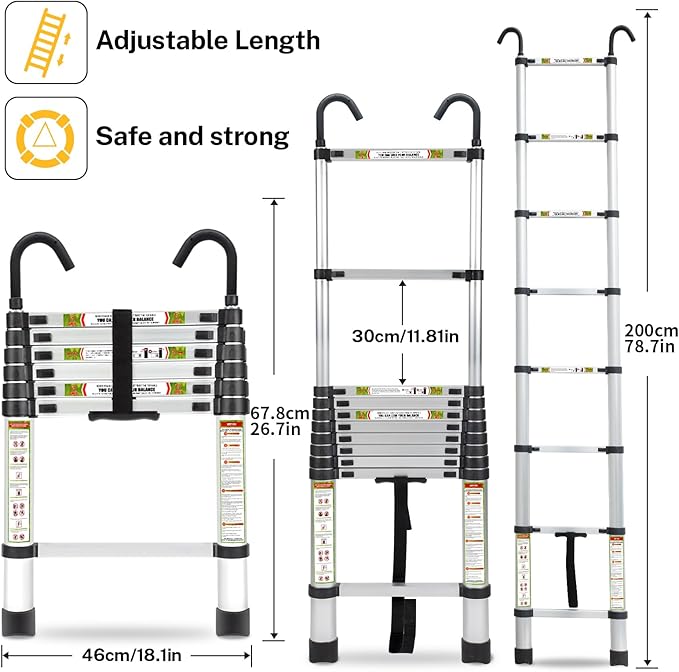 RIKADE Telescopic Ladder, 6.5 ft Aluminum Telescoping Ladder with Non-Slip Feet and Stable Hook, Portable Extension Ladder for Household and Outdoor Working, Max Load 330 lb, Aluminum