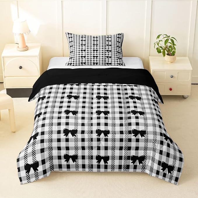 Feelyou Bow Checkered Comforter Set Toddler Size Chic Grid Bowknot Bedding Set for Kids Boys Girls Girly Black Duvet Quilt Bedroom Decor Microfiber 2 Pcs with 1 Pillow Cases