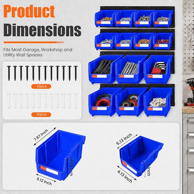 14pc Wall-Mounted Storage Organizer Mixed V1 V2 Combo Blue | Heavy duty metal rails multi-size bins combo pack for garage tools, screws, hardware & batteries.