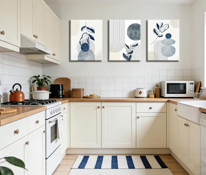 Frimeeme Blue Bohemain Framed Canvas Wall Art Set of 3,Abstract Geometric Line Wall Painting for Bedroom Bathroom, 12"x16" Inches,Framed