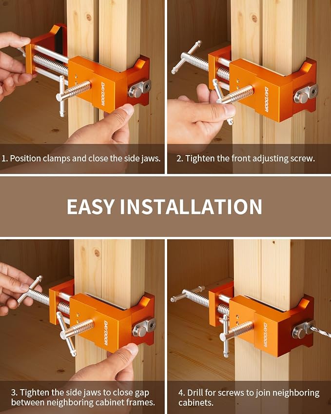 DAYDOOR Professional Cabinet Installation Clamps 2 Pack, Heavy Duty Face Frame Alignment Tool with Integrated Drill Guide & EVA Protection, Woodworking Claw Clamps, Orange