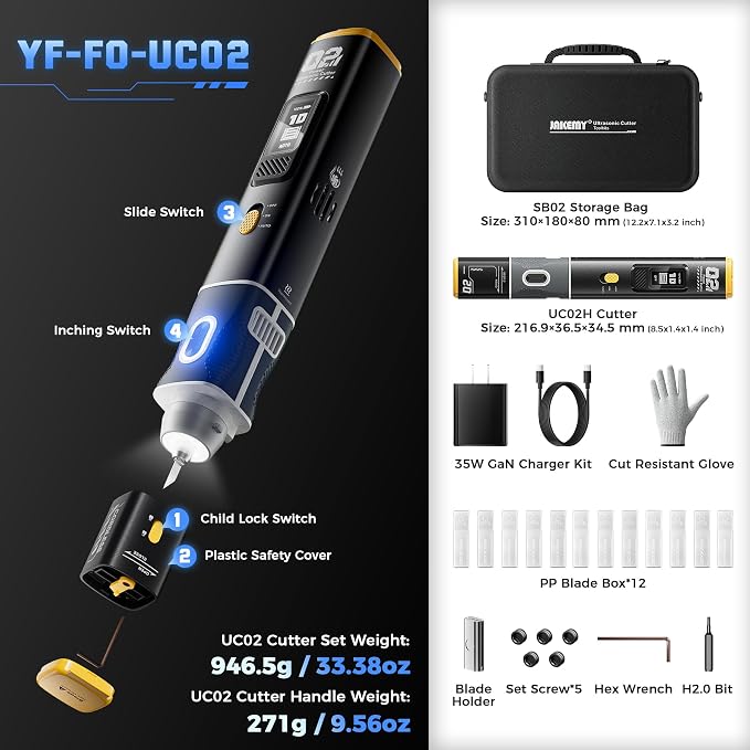 JAKEMY Cordless Ultrasonic Cutter, Micro Fan/3 Cutting Modes, 2 In 1 Wireless Ultrasonic Cutting Tool Knife, Portable 35W Hot Knife for Plastic Cutting/Modelmaking/Woodcarving/Grinding/Hobby/Craft DIY