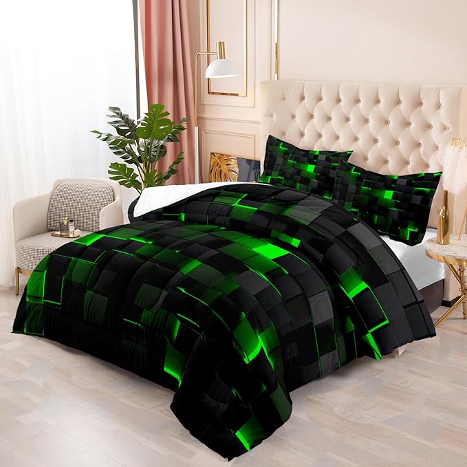 Nttopship Geometric Green Black Comforter Set,Light Honeycomb 3 Piece Bedding Set Twin Size for Teen Boys,Modern Quilt Set Geometry Decor,Microfiber Lightweight 1 Comforter 2 Pillowcases All Season