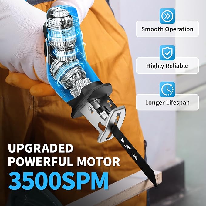 FULLYEA Reciprocating Saw Cordless, 0-3500SPM Variable Speed Reciprocating Saws with 4 Saw Blades, Tool-Free Blade Change, Electric Reciprocating Saws for Woods/Metal/Plastic Cutting,Blue