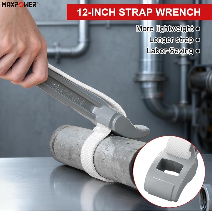 MAXPOWER Strap Wrench, 18" & 12" Adjustable Strap Wrenches Set, Nylon Strap Pipe Wrench for Replacing Oil Filter, Water Filter, PVC Junction, 2-Piece