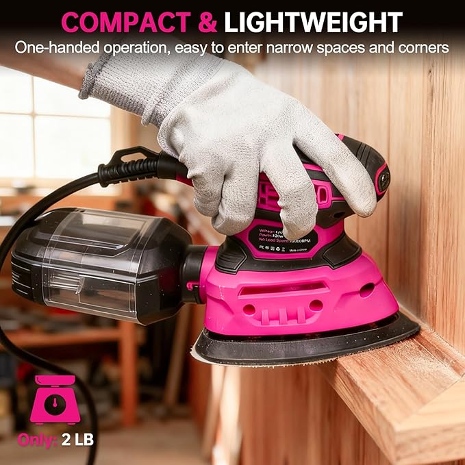 THINKLEARN Detail Sander - 13000 OPM Compact Electric Sander Tool, 1.2A Mouse Sanders with 15Pcs Sandpapers and Dust Box, Handheld Sanding Machine for Woodworking, Furniture and Small Projects