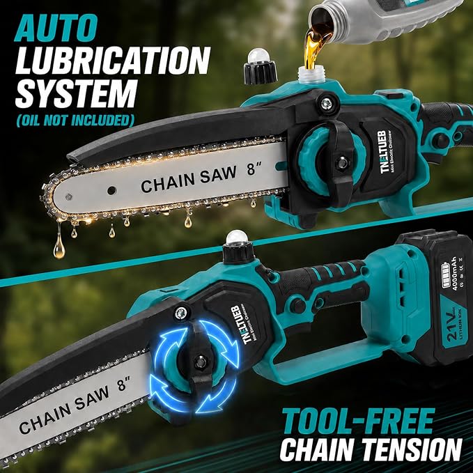 TNELTUEB 4-In-1 Cordless Pole Saw & Mini Chainsaw, 6"&8" Pole Saws For Tree Trimming with 15.6ft Extendable Pole, 180° Adjustable Angle, 1000W Brushless Motor, Electric Chainsaw with 2×4.0Ah Batteries