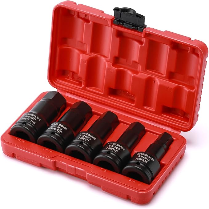 CASOMAN 3/4 Inch Drive Impact Hex Driver Set, 5-Pieces, SAE, 3/4", 7/8", 1", 1-1/8", 1-1/4", 3/4" Drive Master Impact Hex Bit Set, CR-MO, Impact Grade, One-Piece Construction
