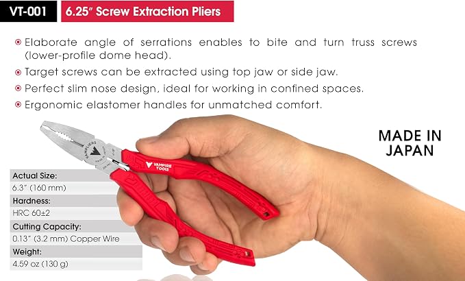 VAMPLIERS 2-PC Screw Extractor Set 7" Slip Joint Pliers + 6.25" Pliers | VT-001-S2B Made in Japan, Multipurpose, High Carbon Steel, Removes Rusted, Security Screws, Nuts & Bolts, Professional Grade