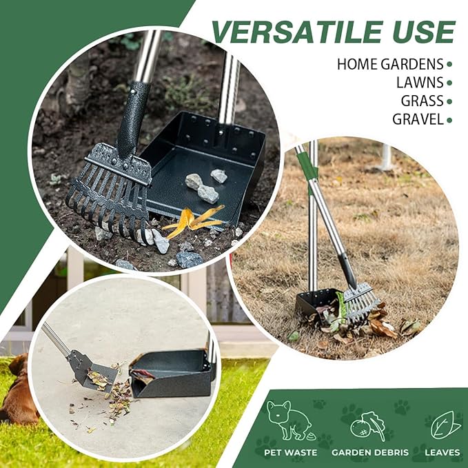 FUSBUNTY Pooper Scooper, Long Handle Dog Pooper Scooper, Heavy Duty Stainless Steel Rake with Tray & Spade Set for Pet Waste Removal, for Grass, Dirt or Gravel - Green