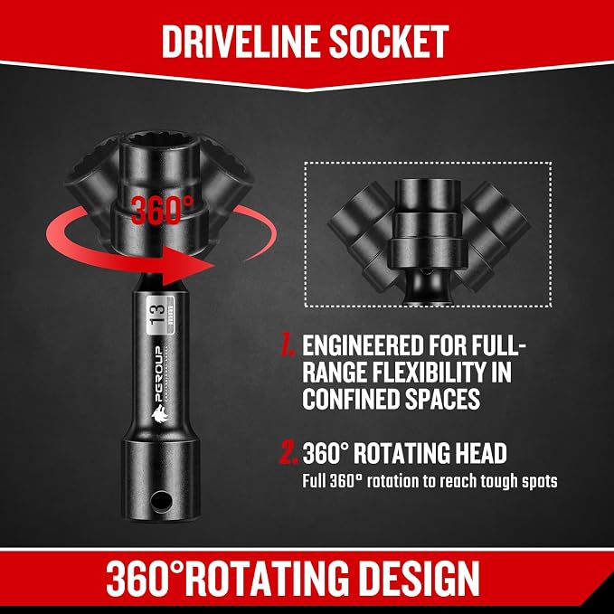 9-Piece 1/2'' Drive Driveline Limited Clearance Socket Set, 12-Point Metric Impact Swivel Socket Set, Cr-Mo Steel with Storage Case for Automotive & Industrial
