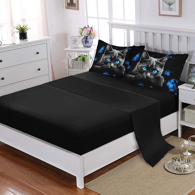 Black Cat Full Comforter Set with Sheets,Animal Themed Cute Cat Bedding Set for Kids Toddler Girls Boys Room Decor,Blue Floral Bedding with Comforter,Fitted Sheet,Flat Sheet,Pillowcases.