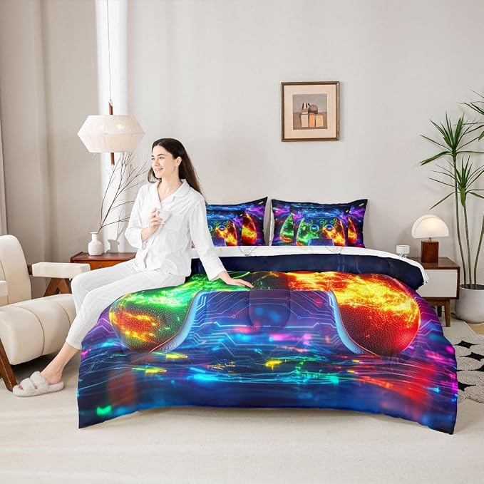 Erosebridal 3D Modern Gamer Bed in a Bag Queen Comforter Set 7 Piece | Gamer Controller Bedding Sets Geometric Neon Gaming Comforter and Sheet Set, Video Game Consoles Bed Sets,Boys Room Decor