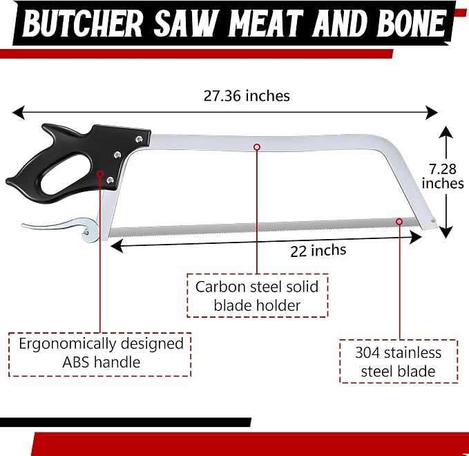 22 Inch Butcher Saw Meat and Bone, Professional Meat Processing Saw with Stainless Steel Blade, Quick Release Black Tightening Cam Comfort Handle, for Household, Processed Livestock and Game