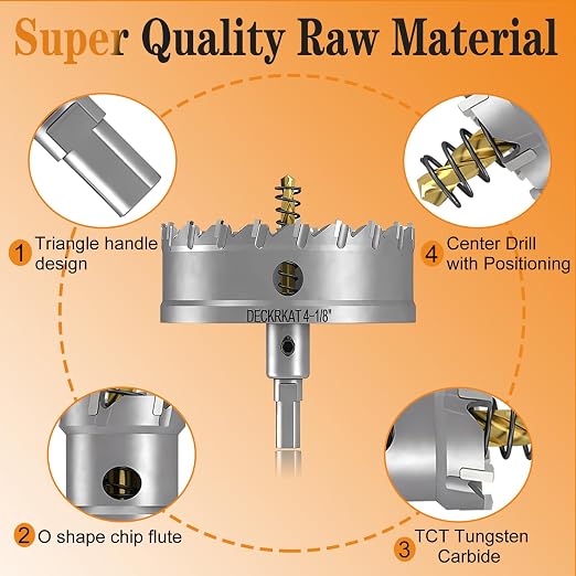 4-1/8" TCT Hole Saw for Hard Metal, Heavy Duty 105mm Tungsten Carbide Tipped Hole Cutter with Spring-Loaded Pilot Drill Bit for Stainless Steel, Metal, Iron, and Plastic.