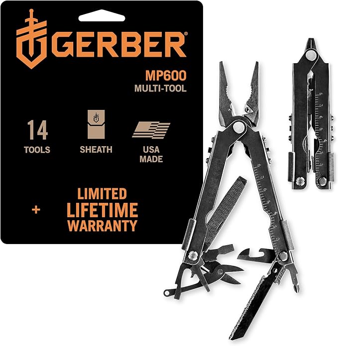 Gerber Gear Multi-Plier 600 Needle Nose Pliers Set Bladeless Multi-Tool - 14-in-1 EDC Gear Multi-Tool with Protective Sheath - Survival Gear and Equipment - Black
