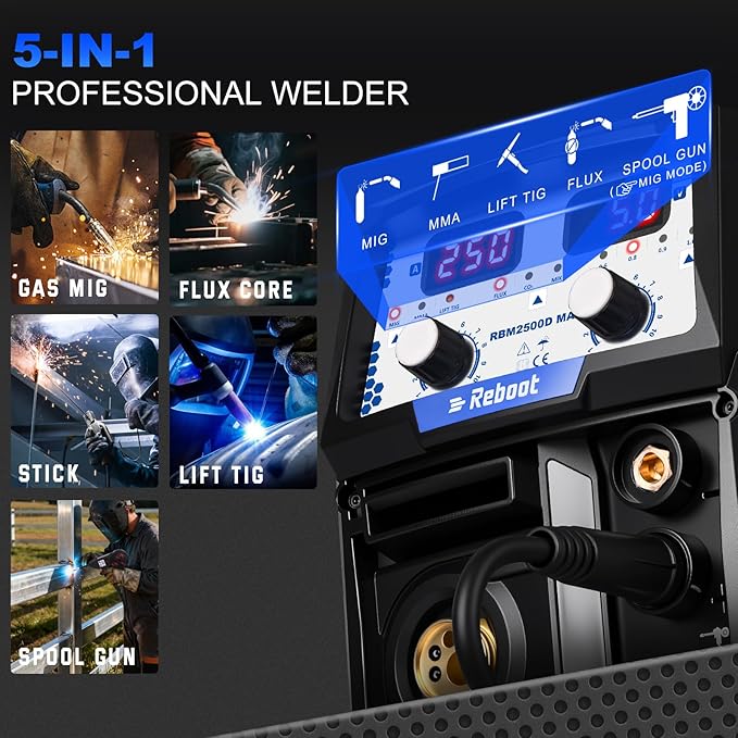 Reboot RBM2500D MAX 250A 5-in-1 MIG Welder, Premium Build, Spool Gun Compatible for Aluminum, Lift TIG, MIG Gas/Gasless, Stick, 120V/240V Dual Voltage Multiprocess Welding Machine