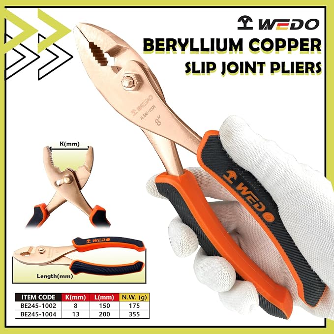 WEDO Non-Sparking Adjustable Combination Pliers 6", Spark-free Safety Slip Joint Pliers, Non-Magnetic, DIN Standard, BAM & FM Certificate, Opening Max 8mm, Beryllium Copper