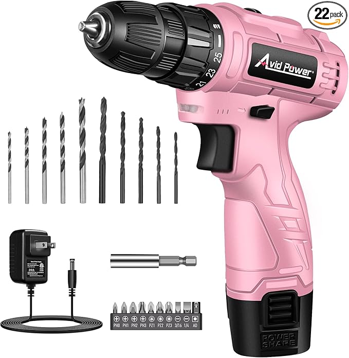 AVID POWER 12V Cordless Drill, 3/8-Inch Keyless Chuck, High-Speed 1400 RPM & 25+1 Torque Control, Electric Power Drill Kit with 21pcs Bits, Battery and Charger-Pink