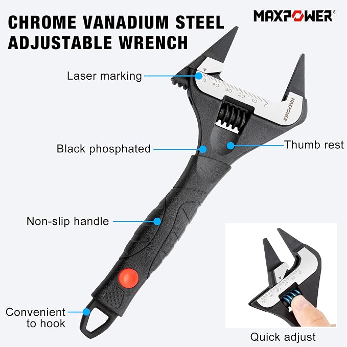 MAXPOWER Slim Adjustable Wrench Set, 6" & 10" Wide Jaw Opening, Dual Scale With Metric and SAE Plumbing Wrenches, Deep Jaw With Soft Grip Handle
