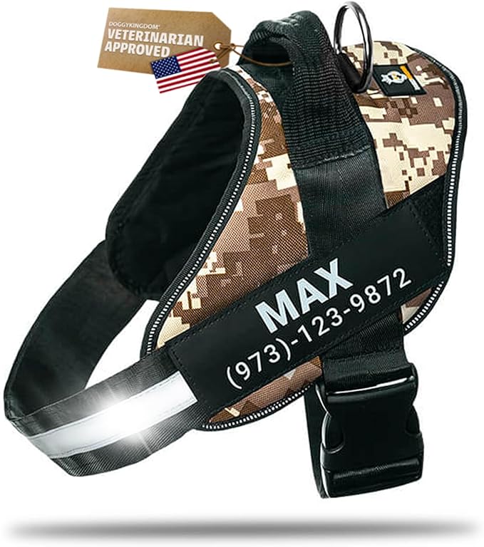 Personalized Dog Harness with Custom Name Patches, Adjustable Reflective No Choke Dog Vest with Handle for XXL Dog, Military Desert, 2XL