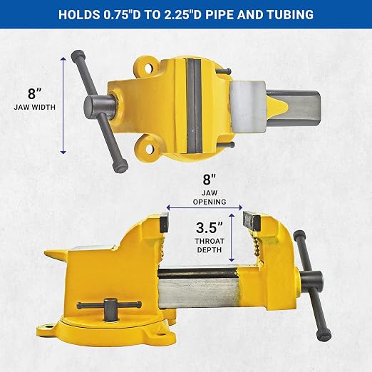 Yost Vises 908-HV All Steel Combination Vise | 8 Inch Jaw Width Pipe and Bench Vise |Secure Grip with Swivel Base | Made of Structural Cast Steel | High Visibility Safety Yellow