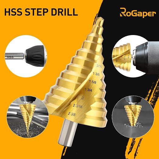 Spiral Groove Step Drill Bit, 12 Steps High-Speed Steel 1/4" to 2-3/8", Large Step Drill Bits for Cutting Holes in Iron Aluminum Copper Plastic Wood