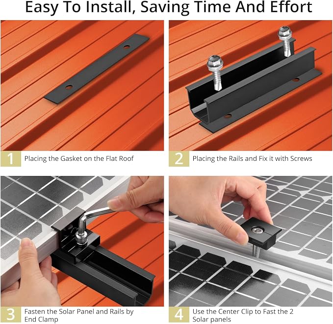 Anbte Solar Panel Mounting Brackets for Roof, Aluminum Solar Rails, Black | Solar Panel Mounting Kit For 4 Panels, Included 10 X 4.72 In Rails+4 End Clamps+6 Center Clamps+1 Wrench, For Roof, RV, Boat