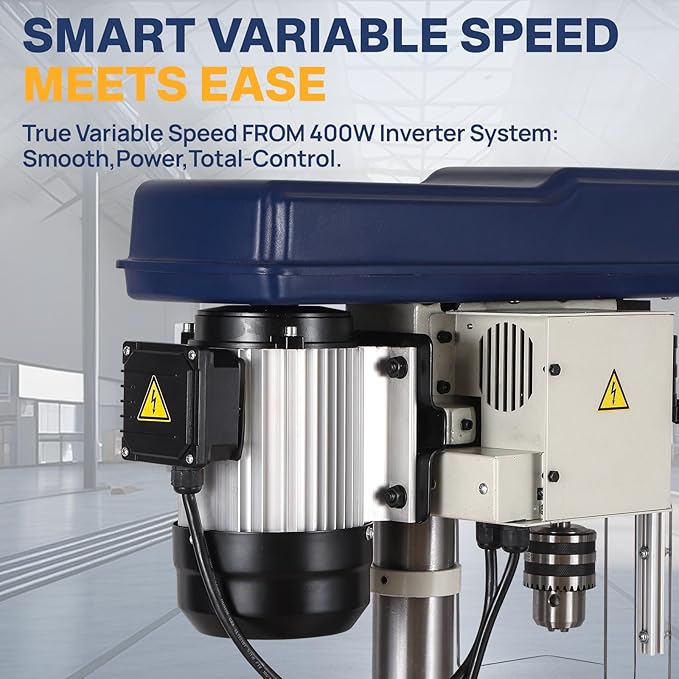 10-Inch Benchtop Drill Press- Variable Speed 50-3000 RPM,Bench Drill Press Cast Iron Table & Base, 6.2-Amp Drill Presses With Laser And LED Work Light ，0.4 kW Variable Frequency Drive (white)