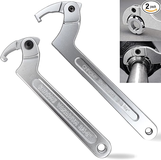 Adjustable C Spanner Hook Wrench Tool Set 3/4-2"(19-51mm)2-4 3/4"(51-121mm) | Chrome Vanadium Hook Wrenches for Tightening and Loosening Side-Slot Collars, Lock Nuts, Bearings and Collets on Machinery