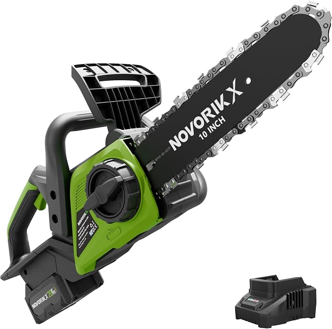 NovorikX 20V Cordless Chainsaw, 10-Inch Electric Chain Saw with 4.0Ah Battery & Charger, Auto Oiler, Tool-Free Chain Tension for Tree Trimming, Branch Cutting & Yard Work