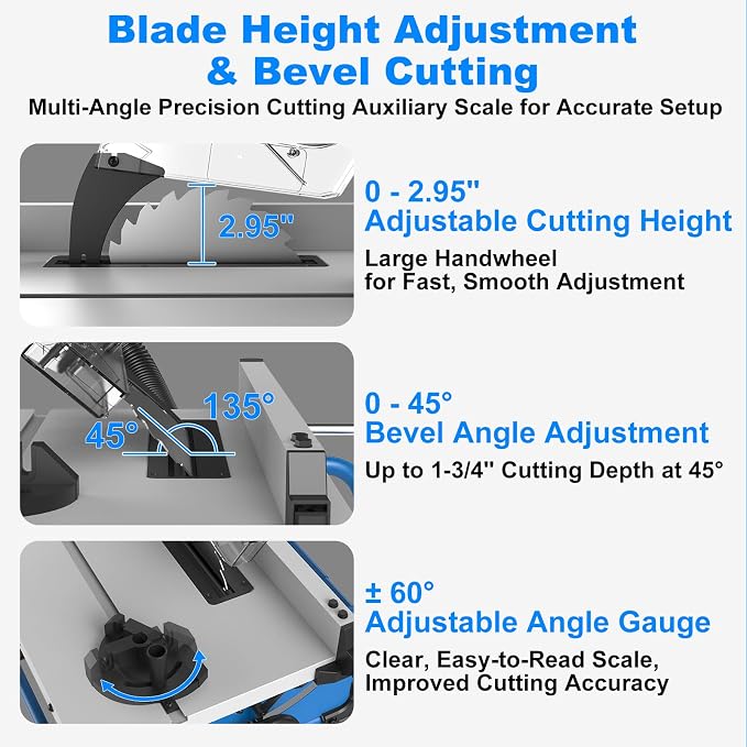 8-1/4-Inch Table Saw, 15-Amp 5500 RPM Motor, Heavy-Duty 80T Blade | Compact Woodworking Saw with Extendable Cast-Iron Table, 0-45° Bevel & Rip Fence, Ergonomic & Easy to Use for Home DIY