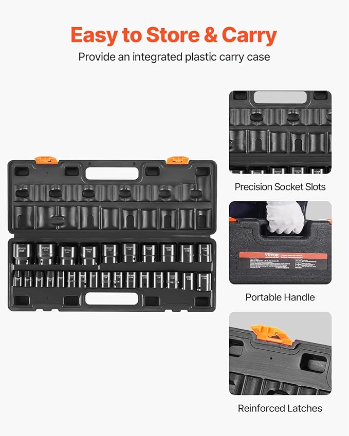 VEVOR 1/2" Drive Impact Socket Set 26-Piece, Metric (10-36mm) Sizes Standard Socket Set CR-V Material for High Durability Impact Wrench