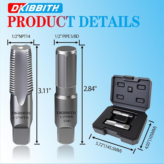 DKIBBITH 2-Piece Pipe Extractor and NPT Tap Set 1/2" - Heavy Duty Carbon Steel Tools for Removing Broken Threaded Pipes & Cutting Accurate NPT Threads - Plumbers Mechanics DIY with Storage Case.