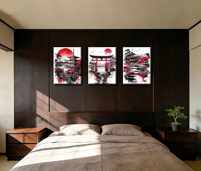 Frimeeme 3 Pieces Japanese Canvas Wall Art, Japanese Landscape Painting Prints, Red and Black Cherry Blossom Trees Building Pictures, Living Room Office Decor, 12x16 Inch Each