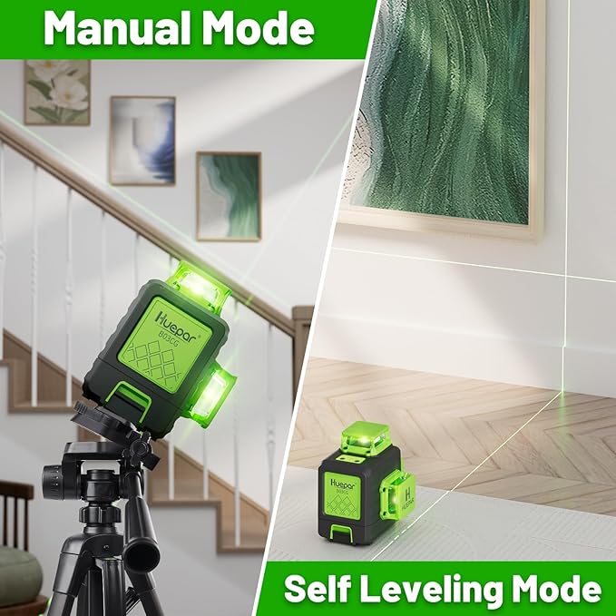 HUEPAR Laser Level 360 Self Leveling, Rechargeable 3D High Brightness Green Laser 3x360° Best Laser Leveler Tool for Construction and Picture Hanging, Strong Magnetic Bracket & Hard Suitcase -B03CG