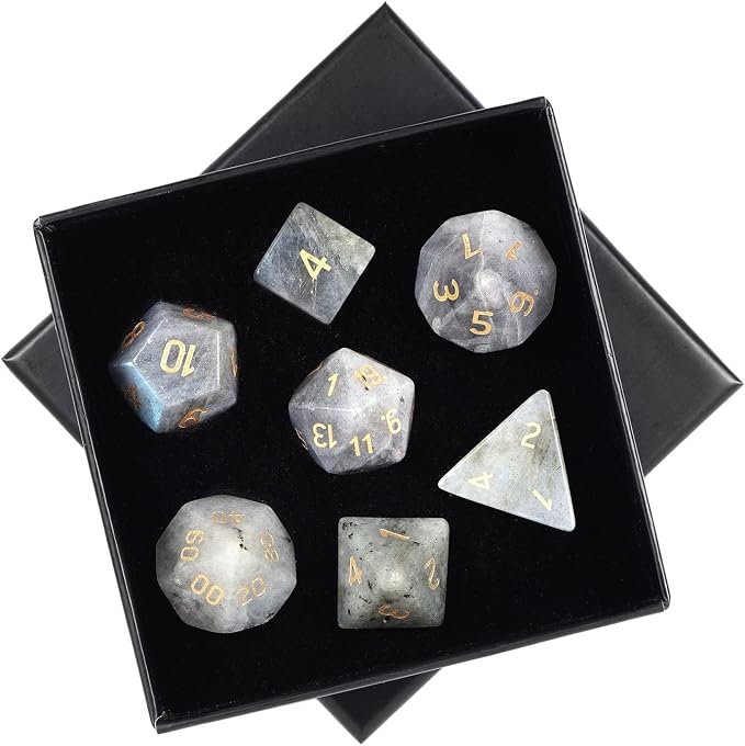 mookaitedecor 7 PCS Labradorite Crystal Polyhedral DND Dice Set, Polished Tumbled Stones Dices for RPG MTG Table Games Home Decoration