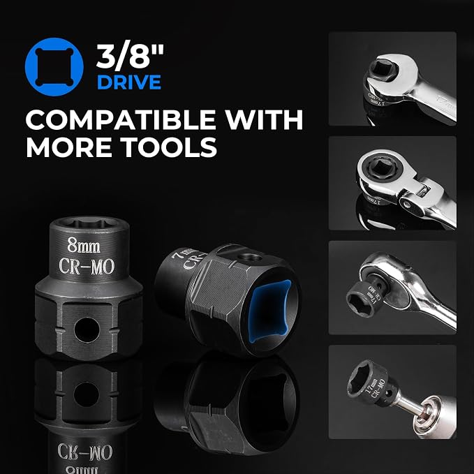 19-Piece 3/8" Drive Low Profile Nano Impact Socket Set, 6-24mm, Metric | Low Profile Desige, 6-Point Grip, Cr-Mo steel, Laser-Etched Markings, for Automotive, Bicycle & Industrial, Storage Case