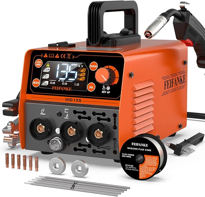 FEIFANKE 135A MIG Welder, 110v Flux Core MIG/Stainless Flux MIG/Stick/MMA/Lift TIG 4 In 1 Portable Multiprocess Welding Machine With LED Display, Synergic Wire Feed Welder IGBT For Thin Metal（6.6LBS）